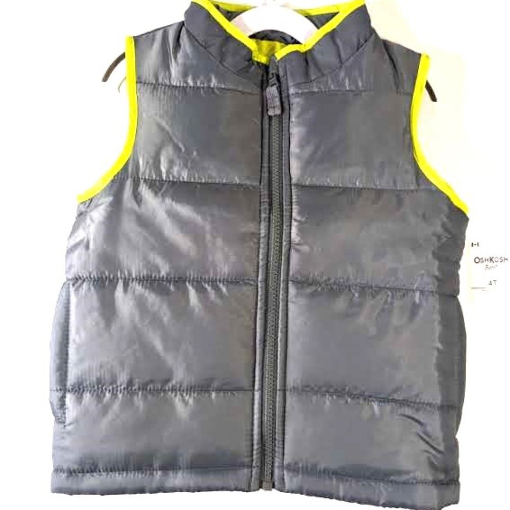 NWT Oshkosh B'gosh Girls Puffer Vest Zip-Front Gray Green Quilt Winter V…